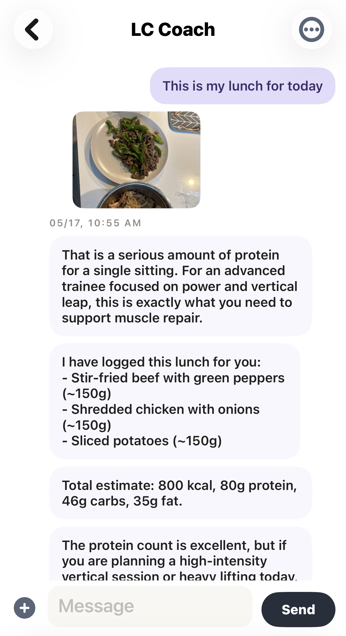 ZYM AI coach chat — meal check-in