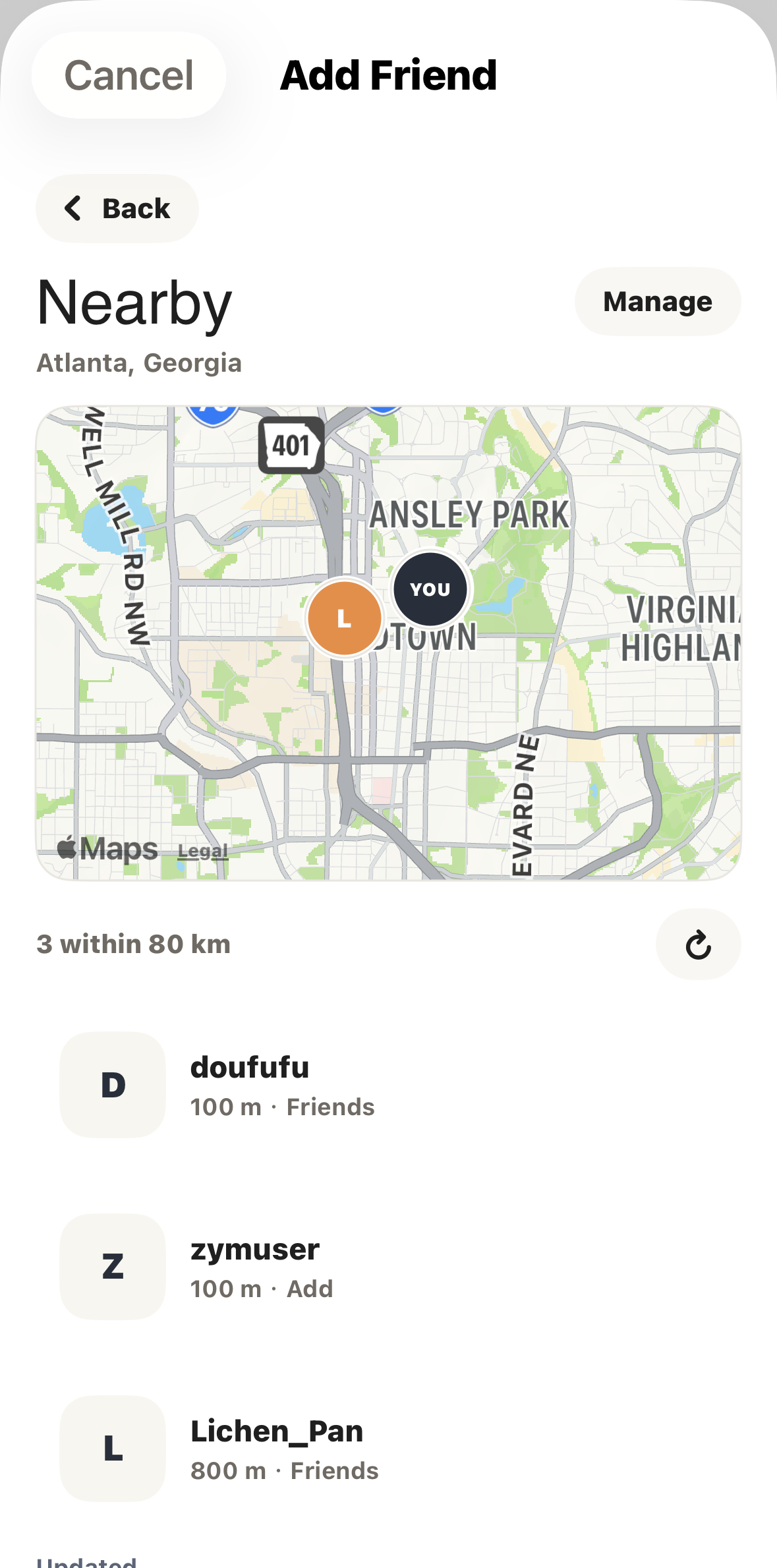 ZYM — add a friend, nearby users